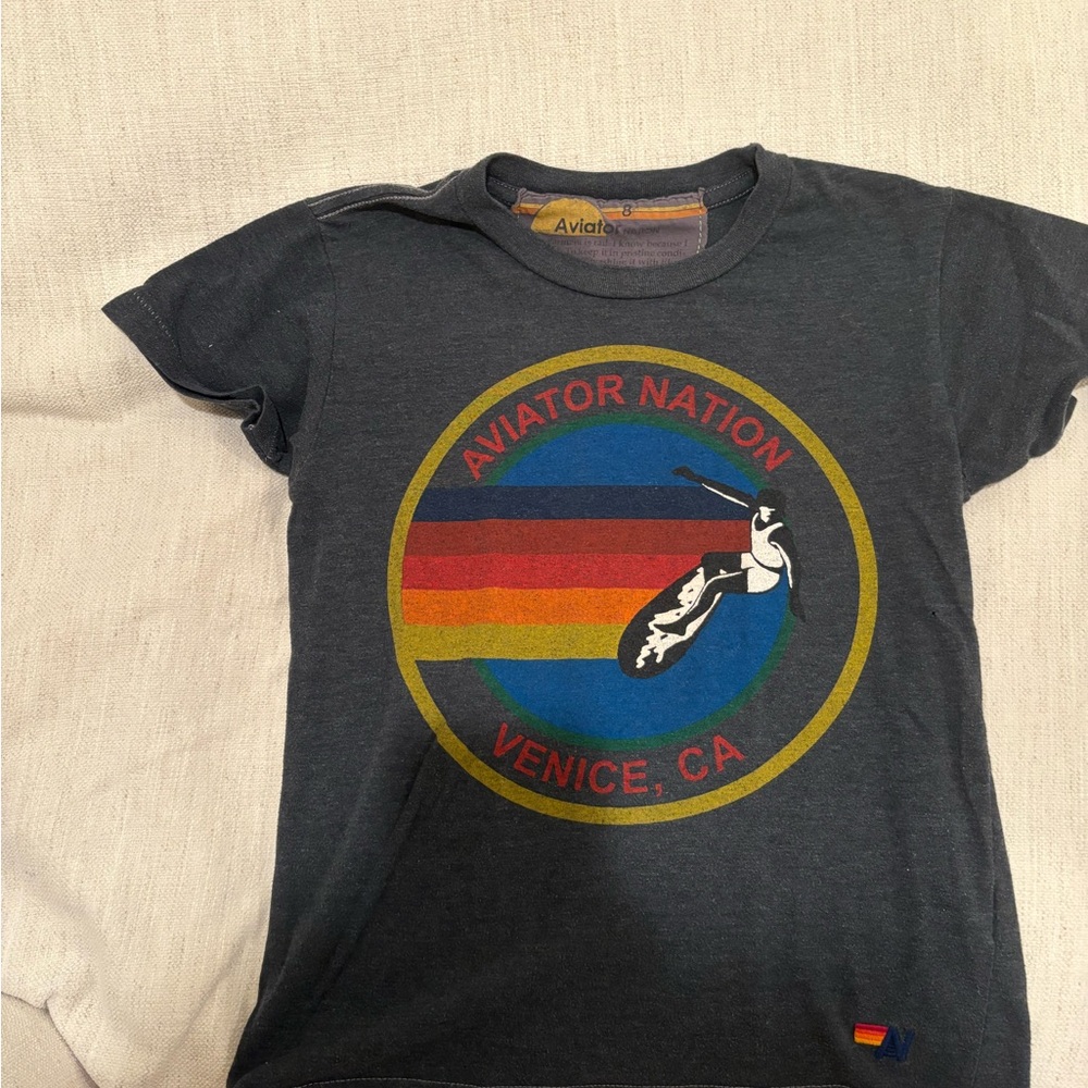 Aviator Nation Gray Short Sleeve Tee with Rainbow Design